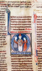 Ms 365 fol.318v Historikert initial D som viser et ekteskap, fra dekretene til Gregor IX