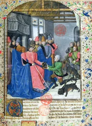 Ms 3717 Huntsman presenterer forfatteren en kopi av sin avhandling om jakt, fra Livre de la Chasse av Gaston Phebus de Foix (1331-91)