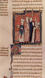 Ms 372 fol.59v En nonne som avlegger sine løfter og messe utført av en biskop, fra Decrets de Gratien (se 181276 for detaljer)