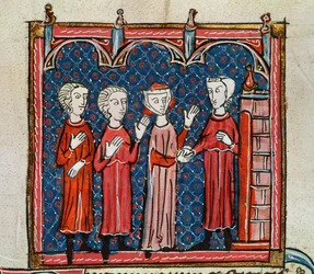 Ms 372 fol.6v Utukt og forbrytelse begått av en prest, fra #39;Decrets de Gratien#39; (vellum)
