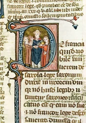 Ms 376 f.320 Historikert initial D som viser en prest som velsigner et ekteskap, fra Les Gregoriennes