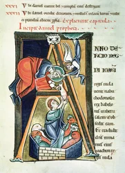 Ms 3 fol.233 Historikert initial A som viser Daniel i Løvehulen, fra Bibelen de Saint-Sulpice de Bourges