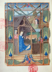 Ms 473 Kristi fødsel med påfugler, miniatyr fra Karl av Frankrikes tidebok, ca. 1466-69