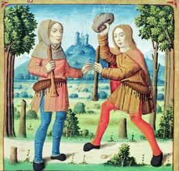 Ms 493 f.10v Shepherds Dametas og Menalcas utfordrer hverandre til en musikalsk konkurranse, fra The Eclogues av Virgil med en kommentar av Servius, 1469