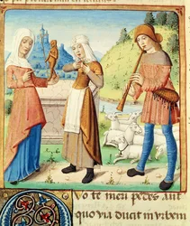 Ms 493 fol.15v Hyrden Menalcas og hans ulykkelige kjærlighet, fra The Eclogues av Virgil med en kommentar av Servius, 1469