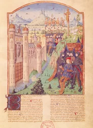 Ms 493 fol.1r The Works of Virgil med kommentar av Servius, The Bucolics, Kongen sitter på sin trone omgitt av vaktene sine foran en befestet by, Frankrike, 1469
