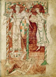 Ms 50 Fol.1v Kopisten presenterer sin bok til St. Michael, fra Recognitiones av Saint Clement