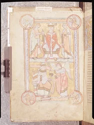 Ms 512 fol.4v St. Gregory the Great (ca. 540-604) mellom hans far, Gordien, og hans mor, Silvia og en druknet mann som en engel, fra Liber Pastoralis
