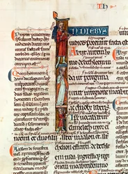 Ms 53 fol.29 Historikert initial I som viser Ruth med mannen hennes og sønnene, fra Livre de Ruth