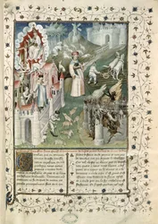 Ms 55 t.2 fol.3 Guds by, byen Caen og lastenes by, fra La Cite de Dieu av St. Augustin av Hippo (354-430) oversatt av Raoul de Preles (1316-82)