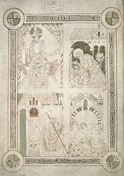 Ms 616 f.1v St. Augustine ved Kristi føtter og den skriftlærde Alardus tilbyr sin bok til St. Vaast, frontispice til Confessions av St. Augustine