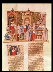 Ms 620 fol.173 En leksjon på universitetet og en historikert initial N som viser en mester, fra Novela Super Sexto av Jean Andre