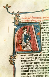 Ms 682 fol.17v Historikert initial A som viser en sittende konge som holder et tveegget sverd