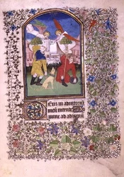 Ms 69 f.52r To engler som viser seg for gjeterne, fra Besancons timebok (vellum)