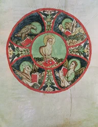 Frk. 69 fol.138v Guds lam omgitt av evangelistenes symboler