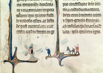 Ms 838 fol.55 En mann som kjører eselet sitt med hveteposer til en vindmølle, fra Obituaire de Notre Dame de Pres, etter 1270