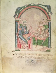 St. Augustine 90 krangler med Faustus i nærvær av elevene deres, frontispice fra Saint Augustin Contre Faustus