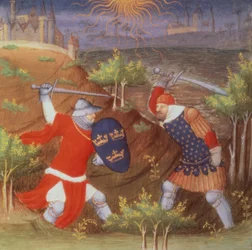 Ms Arsenal 5077 f.298 Kong Arthur kjemper mot en romersk general, fra et manuskript av Historier, av Boucicaut-mesteren
