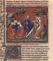 Fr 118 fol. 219v side fra Jakten på den hellige gral og Arthurs død, en del av manuskriptet Lancelot of the lake