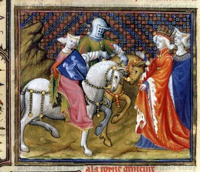 Fru Fr. 120 The Lady of the Lake Meeting Guinevere, fra The Story of Lancelot i La Quite de Saint Graal