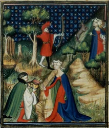Ms Fr 12420 fol.139v. Historien om Procris, fra `De Claris Mulieribus, fra verkene til Giovanni Boccaccio (1313-75)