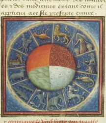 Fr 135 Fol.285 Jordens fire elementer med de tolv stjernetegnene, fra Des Proprietez des Choses av Barthelemy lAnglais, 1445-50