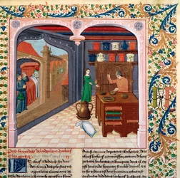 Fr 218 fol.111 En pasient i sengen og et apotek som forbereder medisin, fra Le Livre des Proprietes des Choses av Barthelemy lAnglais