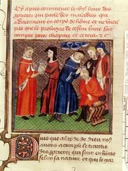 Fr 22531 Fol.115 Urinundersøkelsen og sårheling, fra Le Livre des Proprietes des Choses av Barthelemy lAnglais, ca. 1410-15