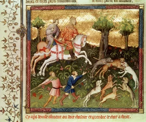 Fr 616 fol.101 Hunder som angriper en leopard, fra en bok av Gaston Phebus de Foix (1331-91)