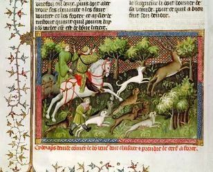 Fr 616 fol.77 Hjortejakt, fra jaktboken av Gaston Phebus de Foix (1331-91)