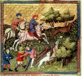 Fr 616 fol.96v Ulvejakt, fra en bok av Gaston Phebus de Foix (1331-91)