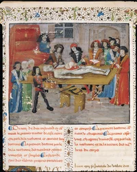 Ms H 184 fol.14v Disseksjonstime ved Det medisinske fakultet i Montpellier, fra 'La Grande Chirurgie' av Guy de Chauliac, 1363