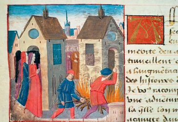 Ms Hunter 252 f.75v Brenne et hus, fra Les Cent Nouvelles Nouvelles, 1462