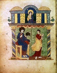 Ms Lat 8878 fol.1v Jesus presenterer evangeliet til St. Matteus, fra en kommentar til apokalypsen av den asturiske munken Beatus av Liebana (ca. 776) ca. 1028-72 (vellum)