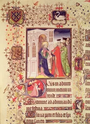 Ms Lat 919 fol.96 Jean de France, Duc de Berry blir ført av St. Peter inn i himmelens porter med en historisk initial `D av St. Peter og Jean de Berry ved bønn, fra Grandes Heures de Duc de