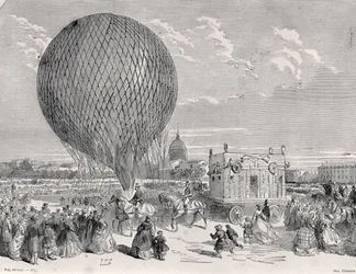 Nadars ballong, Le Géant klargjøres på Champ de Mars, Paris for sin første flytur 4. oktober 1863, illustrasjon fra Paris a Travers Les Siecles: Tome 5, 1889