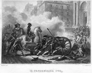 Napoleon Crushing Royalist Rebellion - Napoleon Bonaparte (til hest) kommanderte revolusjonære tropper i gatekamp 13. Vendemiaire (5. oktober) - 13. Vendemiaire 1795 (Royalistisk opprør av 5. oktober 1795): Bonaparte gjenopprettet ordren ved shoo