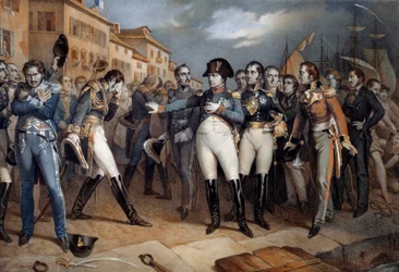 Napoleon I (1769-1821) betrodde seg til britisk lov og fortsatte 14/07/1815 Litografi rundt 1815 Ile d#39;Aix, Napoleonmuseet - Napoleon I (1769-1821) underkastet seg britisk lov og overga seg