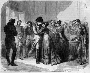 Napoleon I Bonaparte (1769-1821) said goodbye to Marie Louise of Austria. Engraving in “Histoire des papes-kings-queens-et-empereurs a travers les centuries”” by Maurice Lachatre
