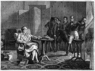 Napoleon I til Sainte-Helene (Saint Helene) i oktober 1818 vedtok å motsette seg med våpen i hånd mot forsøket til Hudson Lowe, britisk general, for å tvinge døren - i "History of the empire following the history of the consulat" av Adolphe Thiers - 1879