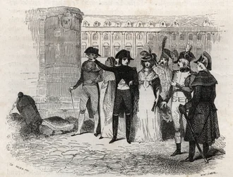 Napoleon går sammen med Madame Tallien, født theresa Cabarrus, prinsesse av Caraman, prinsesse av Caraman Chimay (1773 - 1835) Place Vendome i Paris - gravering i "Les rues de Paris". Gamle og moderne Paris: opprinnelse, historie, monumenter, kos