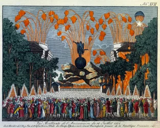 Nasjonalfesten 14. juli 1801 på Champs-Élysées i Paris: fyrverkeri inntar stjernens plass på Champs-Élysées i Paris. Trykk fra 1801, Paris, Musée Carnavalet