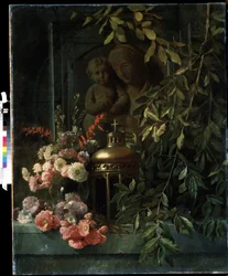 ""Still life"" (Madonna med barn, lykt, blomster (inkludert nellik) Maleri av den franske skolen 1800-tallet. Mikhail Kroshitsky Art Museum, Sevastopol (Sevastopol) Ukraina