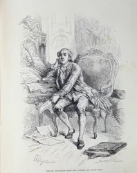 Necker på kontoret sitt i Saint-Ouen, omgitt av notater "Reform of Gabelles", "Taxes", "Abolition of Customs" etc.