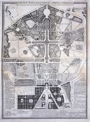 Ny plan for byen, slottet og hagene i Versailles, 1714, fra Les Plans, Profils et Elevations des Villes et Chateau de Versailles, publisert ca. 1715