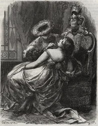 Fin hals! At en bøddel gjerne kuttet ham av! Kong Henry VIII av England (1491-1547) med sin kone, Catherine Parr (1512-1548). Gravering fra 1871 i «Histoire Des Cocus Celebres»» av Henry de Kock (1819-1892).