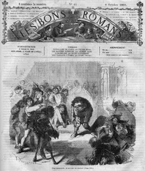 Romanserie: «Notre Dame de Paris» av Victor Hugo (1802-1885). Publikum ble redde og ler foran Quasimodo, klokkene ringer. Gravering i "" Les bons romances""