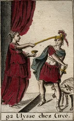 Odyssee of Homere: heltene Ulysses ved magikeren Circe. Bak ham ble kameratene hennes forvandlet til griser. (Homer