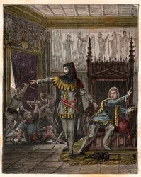 Hundreårskrigen: dauphinen Karl (senere Karl V) (1338-1380), Frankrikes første dauphin, og Étienne Marcel (1302/1310-1358), som myrdet to ministre, marskalkene Robert de Clermont og Jean de Conflans, i den franske dauphinens rom