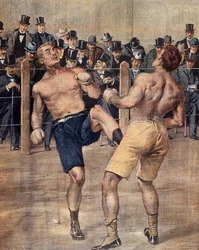 Et av de første redde møtene, fransk boksing, kjempet i Paris i 1899, Fargegravering. Frankrike